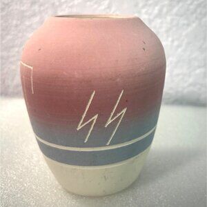Handcrafted Signed Sioux Native American Pottery Vase Gradient Pink & Blue Mid C